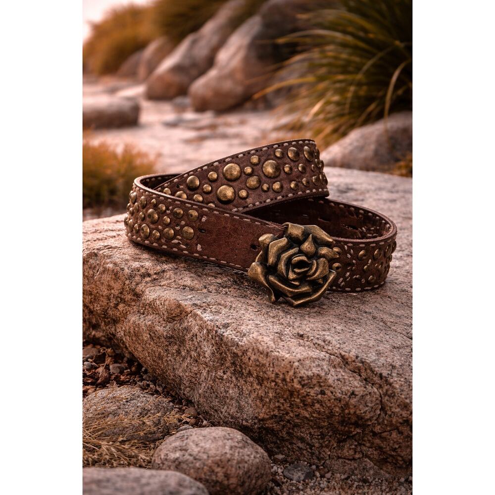 Vintage Leather Studded Belt Brass Rose Buckle Boho Western S‎